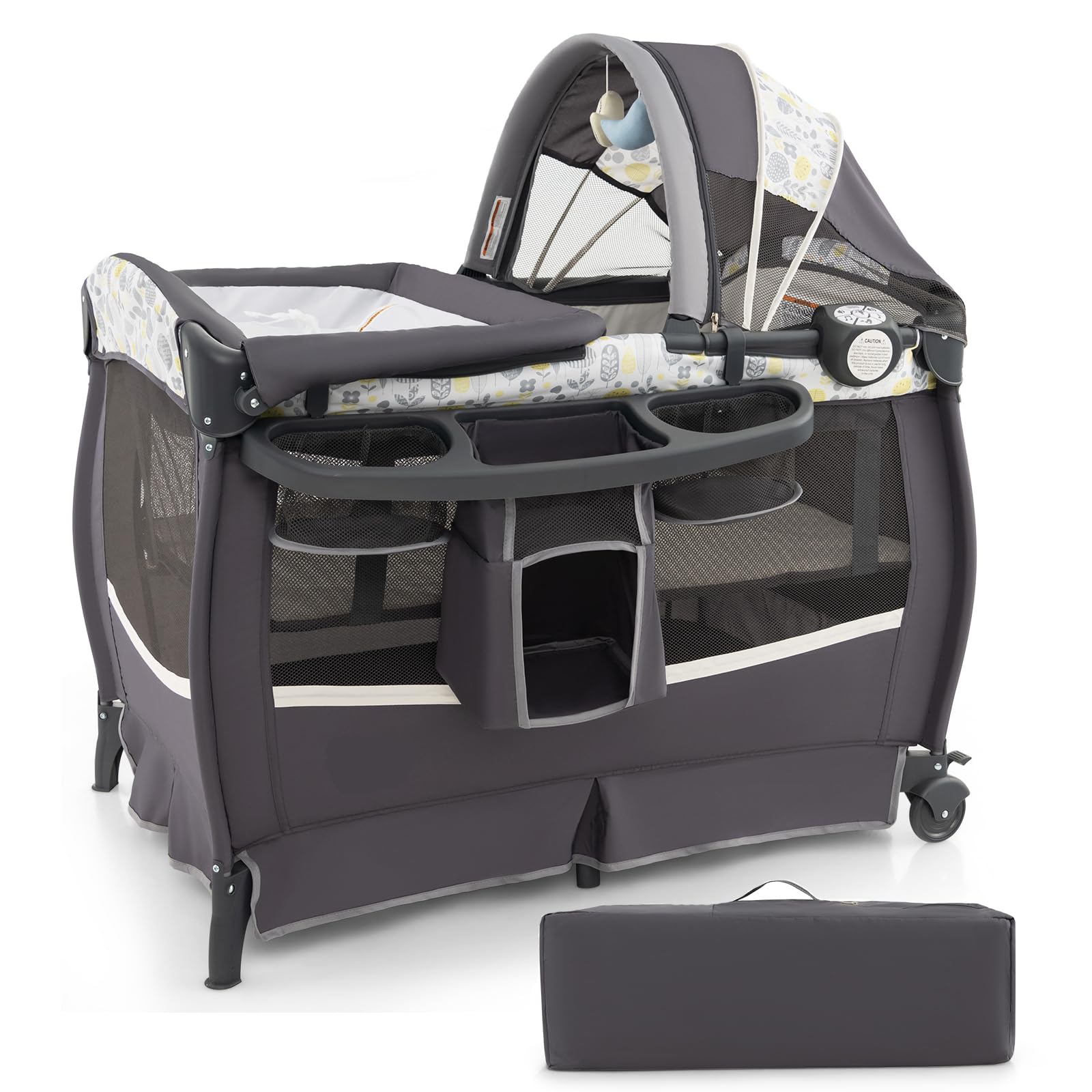 GYMAX 4 in 1 Folding Travel Cot, Portable Baby Bed Playard with Adjustable Canopy, Changing Table, Music Box, Mattress & Storage Rack, Infant Bassinet Nursery Center for Newborn (Dark Gray+Leaves)