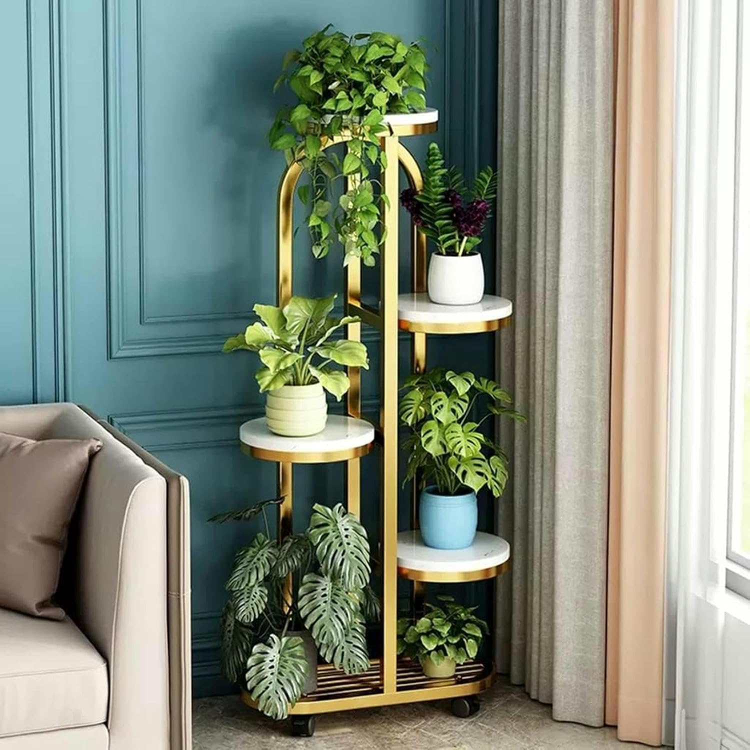 Interior Plants Support for 5 -Level Metal Corner Plants for Indoor Plants ， Supports for High Plants with Wheels for ，
