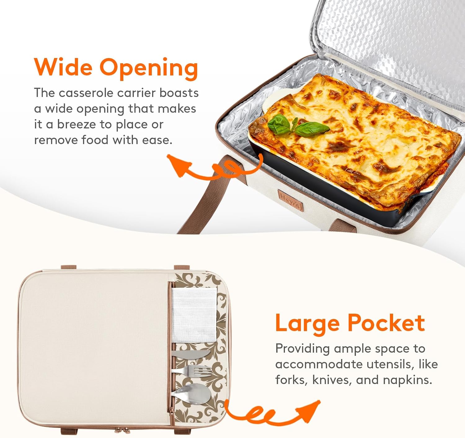 Lifewit Insulated Double Decker Casserole Carrier, Expandable Lasagna Lugger Tote Bag for Hot or Cold Food, Fits 9" x 13" Baking Dish for Potluck Parties, Picnic and Cookouts, Cream-Flowers - Image 6