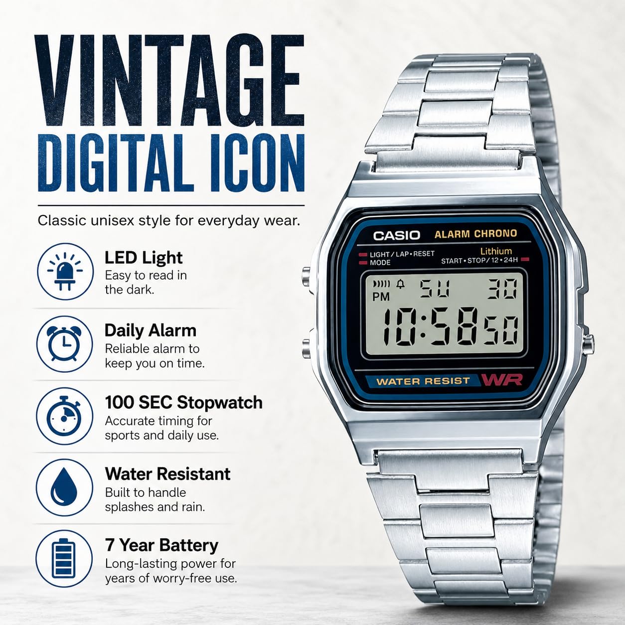 Casio A158WA Series | Unisex Digital Watch | Vintage | WR | 100 SEC Stop Watch | Daily Alarm | Regular Time Keeping: Hour Minute Second PM Date Day | Led Light | 7 Yr Battery product thumbnail 7