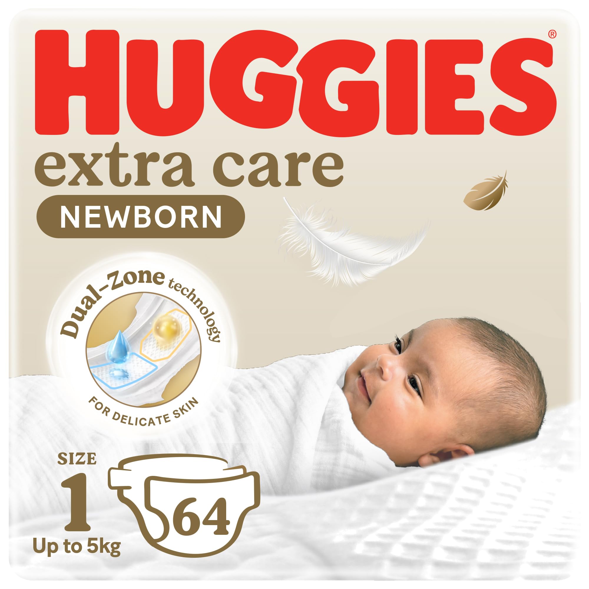 Huggies Newborn Diapers Size 1 Jumbo Pack, 64 Count – Ultra-Soft Nappies with Wetness Indicator & Umbilical Cord Cut-Out for Delicate Newborn Skin (Up to 5 kg)