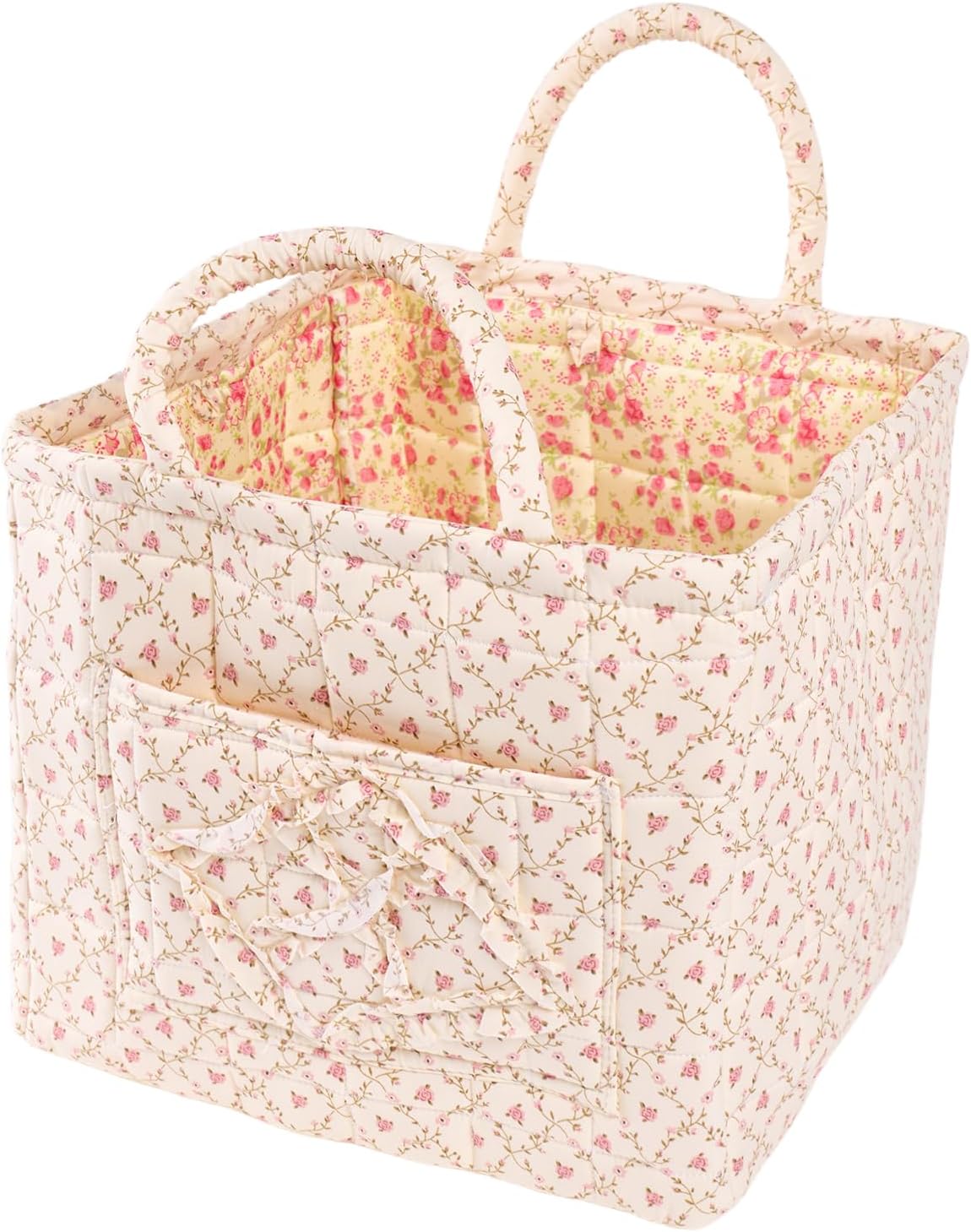 Quilted Fabric Car Storage Basket with Handles & Pocket, Foldable Laundry Hamper Boho Floral Print Organizer Bin for Home, Picnic, Office Nursery Cloth Toy 12"x10"x10" (Style B)