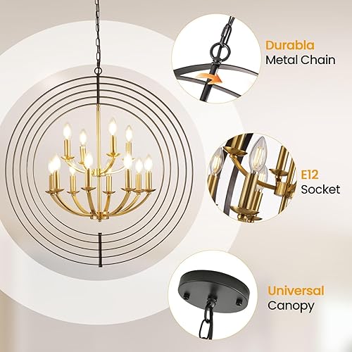 Miniatura 5 de Candelabro negro y dorado de 31.5 pulgadas, lámpara de granja de 12 luces para entrada, lámparas colgantes redondas, candelabros grandes para techos