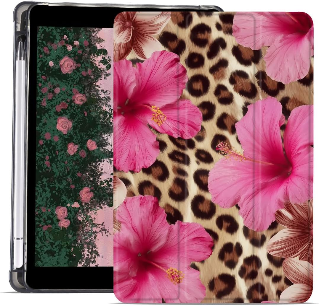 Hibiscus Flower Case for iPad Air 11" M3 2025/M2 2024/iPad Air 5th/4th 10.9" 2022/2020 Animal Print Aesthetic Design Foldable Leather Protective Case Soft Back Cover with Pencil Holder