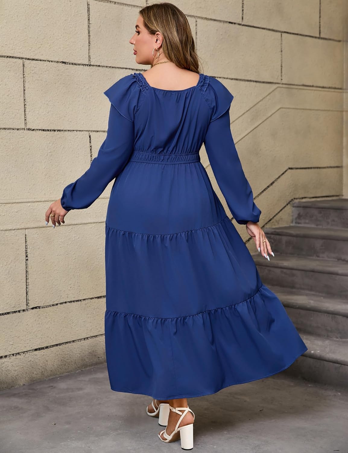 ShopWonder Plus Size Ruffle Front Fall Dress for Women V Neck Long Sleeve Flowy Dress Casual Modest Maxi Dresses - Image 5