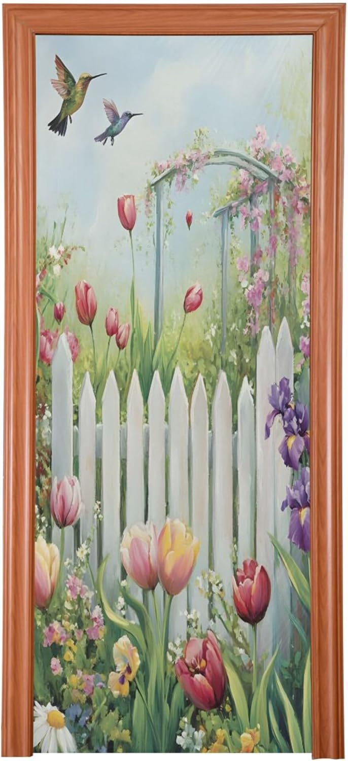 Colorful Spring Flower Garden Door Cover Outdoor Decor, High Stretch Festival Fabric Front Door Cover Banner Door Cover for Front Door Festival Party Home Decor 35 * 79inch