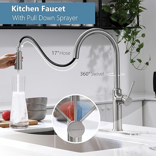 Miniatura 3 de Lavatrum Grifo de cocina antiguo negro mate de 17 pulgadas con rociador extraíble, mango único 1 agujero extraíble grifo de cocina rociador de 3