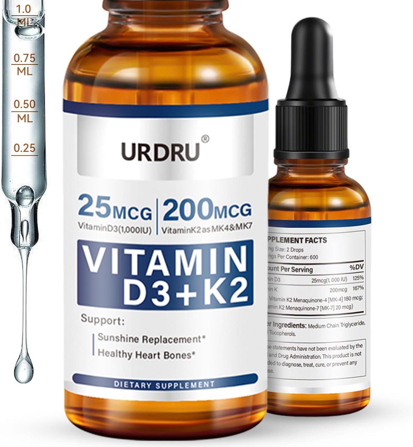 Organic Vitamin D3 K2 Liquid Drops – 1 Fl Oz Max Absorption 1,000 IU D3 & 200mcg K2 Drops for Immune & Mood, Bone & Teeth Health – 30ml