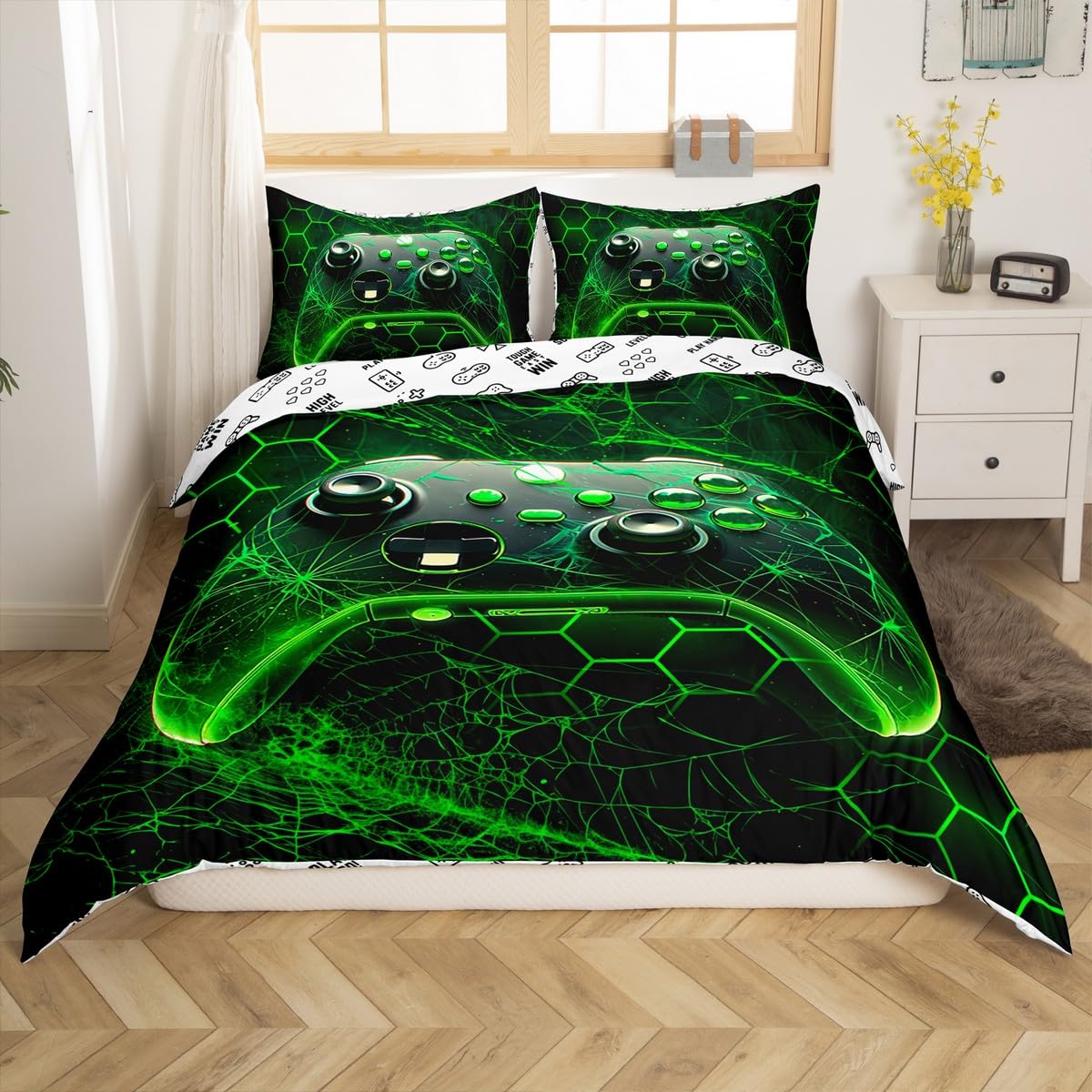 Loussiesd Gamer Duvet Cover Gaming Bedding Set for Kids Boys Girls Teens Room Decor Game Room Decor Comforter Cover Set Single Size Spider Web Gamepad Green Black Bedspread Cover 2Pcs Zipper - Image 2