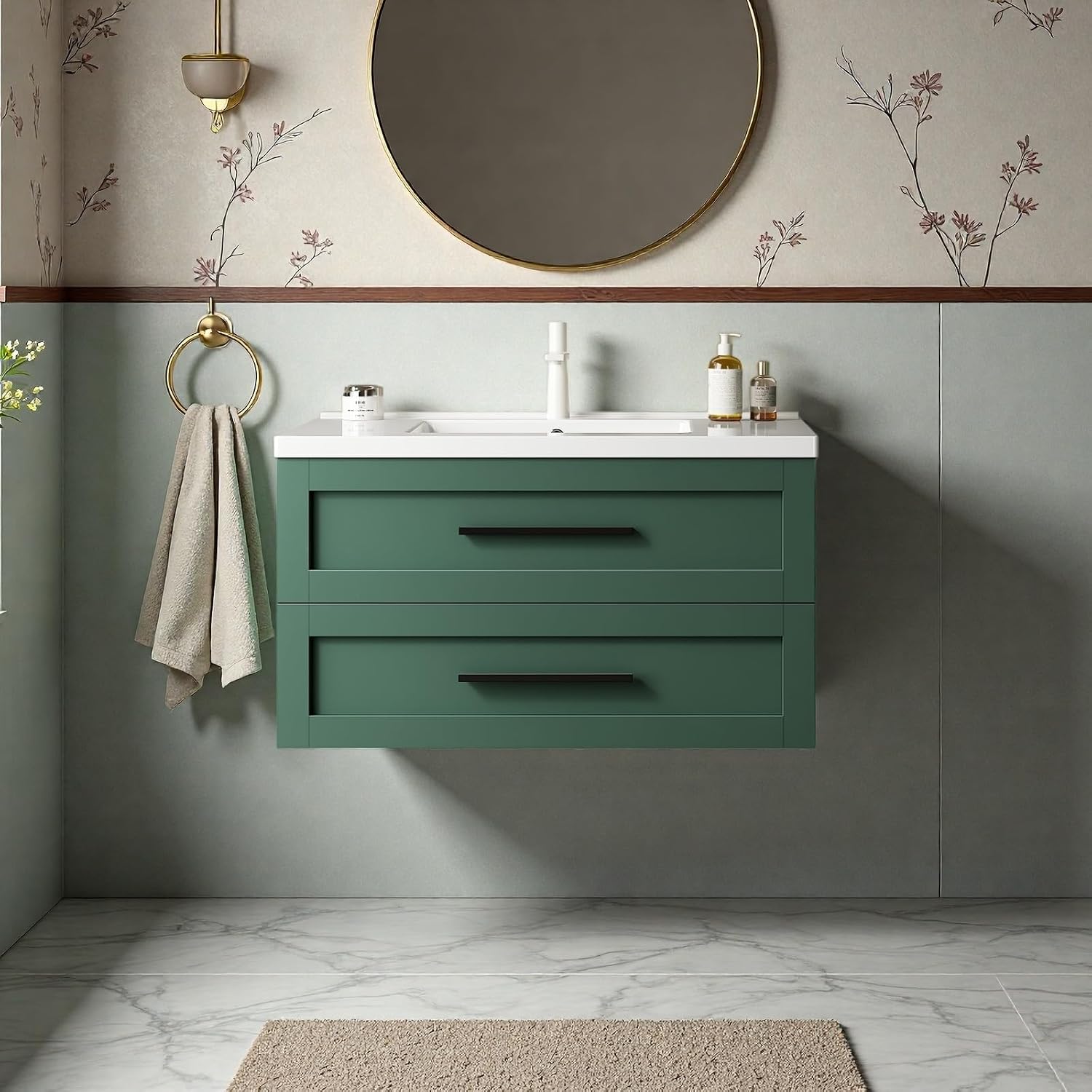 Floating Bathroom Vanity with Sink, 36" Bathroom Storage Cabinet with Curve Design Ceramic Basin & 2 Soft-Close Drawers, Wall-Mounted Vanity with Large Storage Space & Black Handle, Green