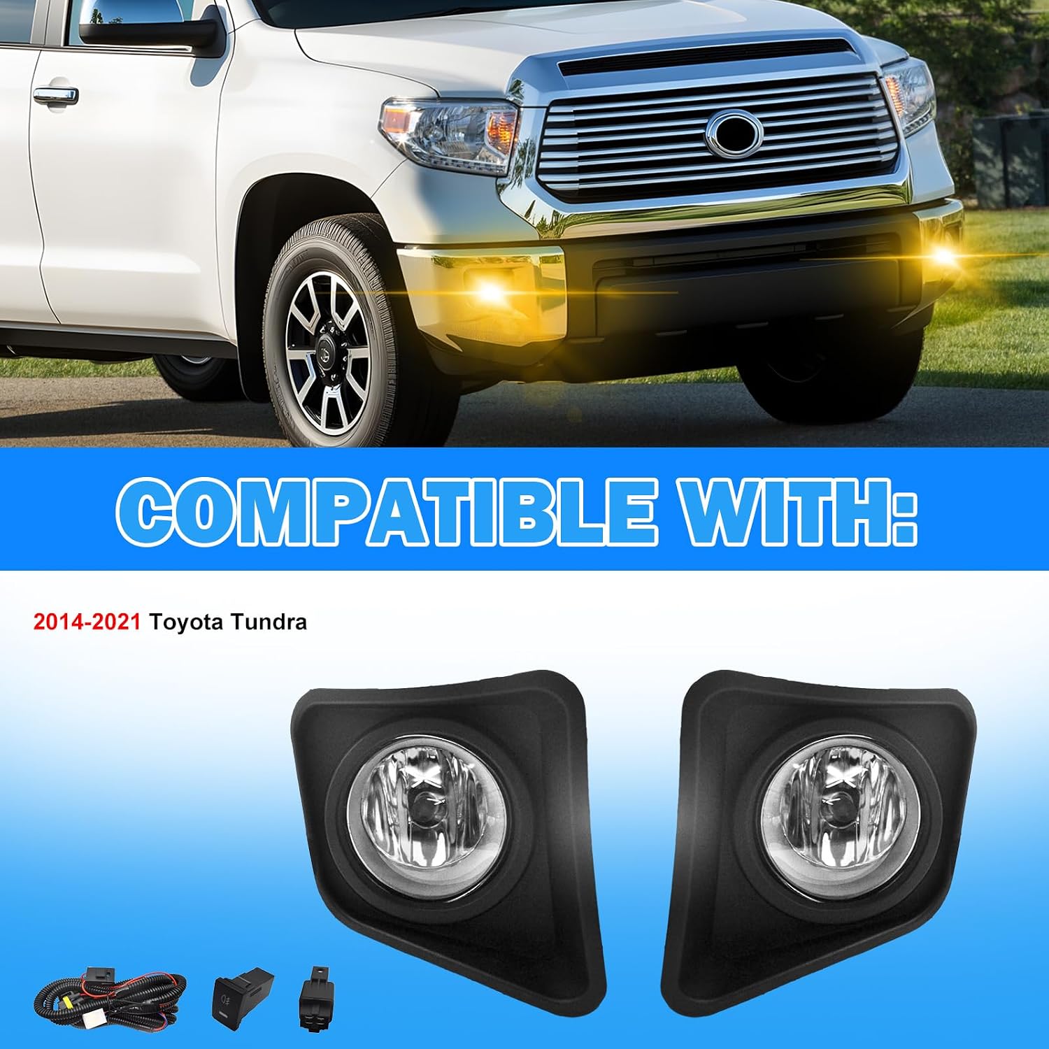 Driving Bumper Fog Lights for 2014-2021 Toyota Tundra with H11 12V 55W Halogen Bulbs & Switch and Wiring Kit (Clear Lens)