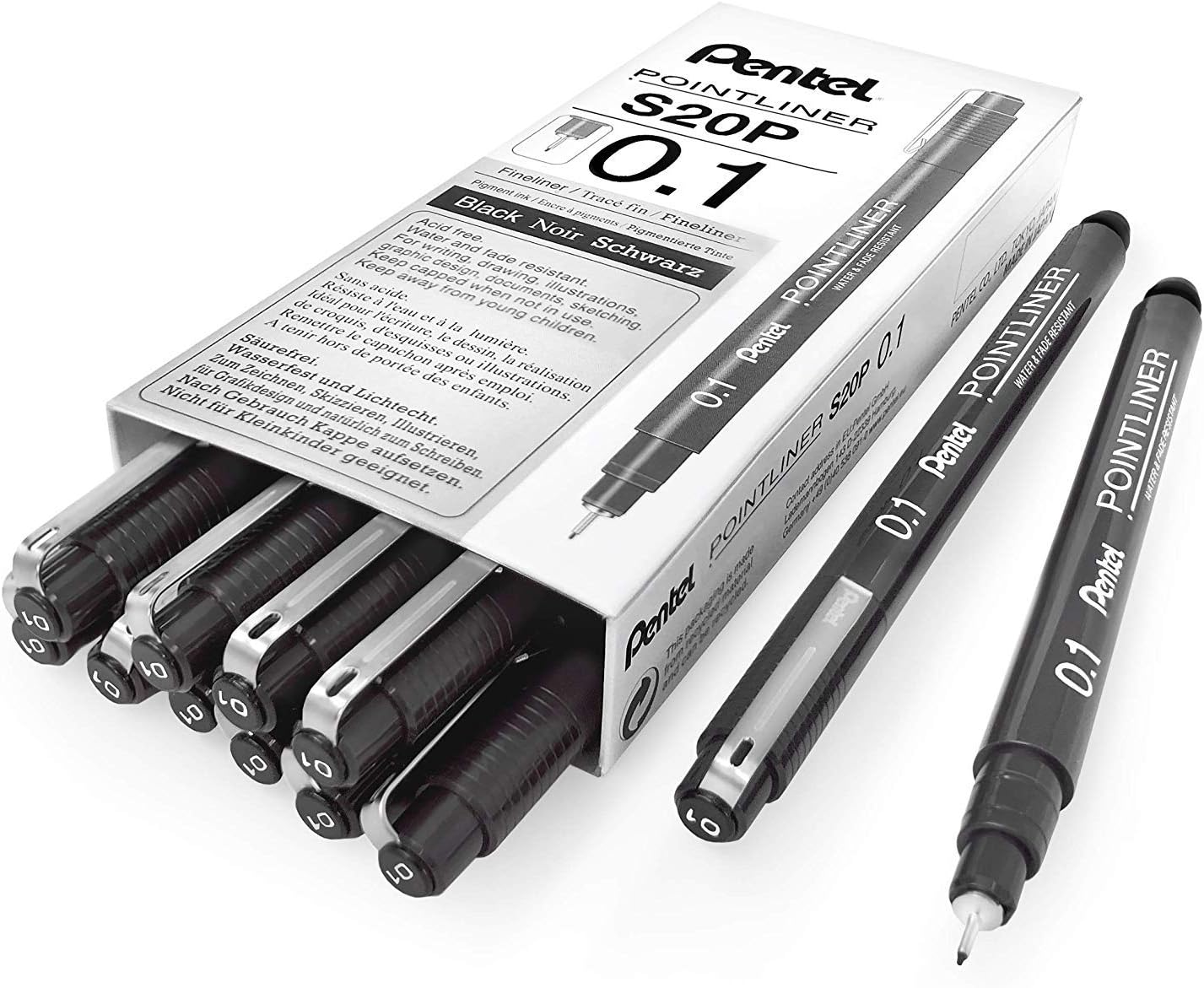 Pentel Arts Pointliner Drawing Pen, 0.1mm, Black Ink, Box of 12 Pens (S20P-1A)