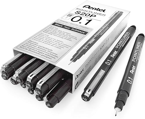 Pentel Arts Pointliner - Bolígrafo de dibujo, 0.004 in, tinta negra, caja de 12 bolígrafos (S20P-1A)