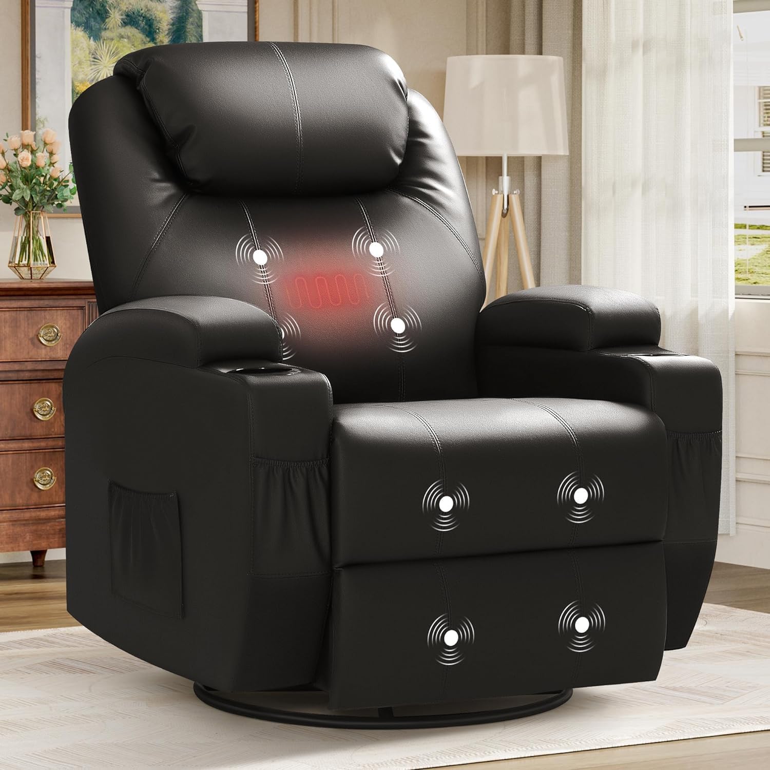 JUMMICO Recliner Chair, Rocking Massage Chairs, Home Reclining Sofa Chair, PU Leather, Ergonomic Living Room Chair with Cup Holders, Remote Control (Black)