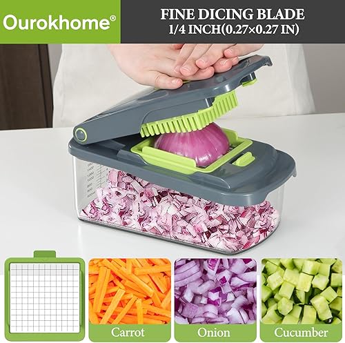 Miniatura 3 de Ourokhome Cortador de verduras con contenedor, cortador manual de alimentos de mano con 2 cuchillas de cortar para tiras de papa, cubos de cebolla,