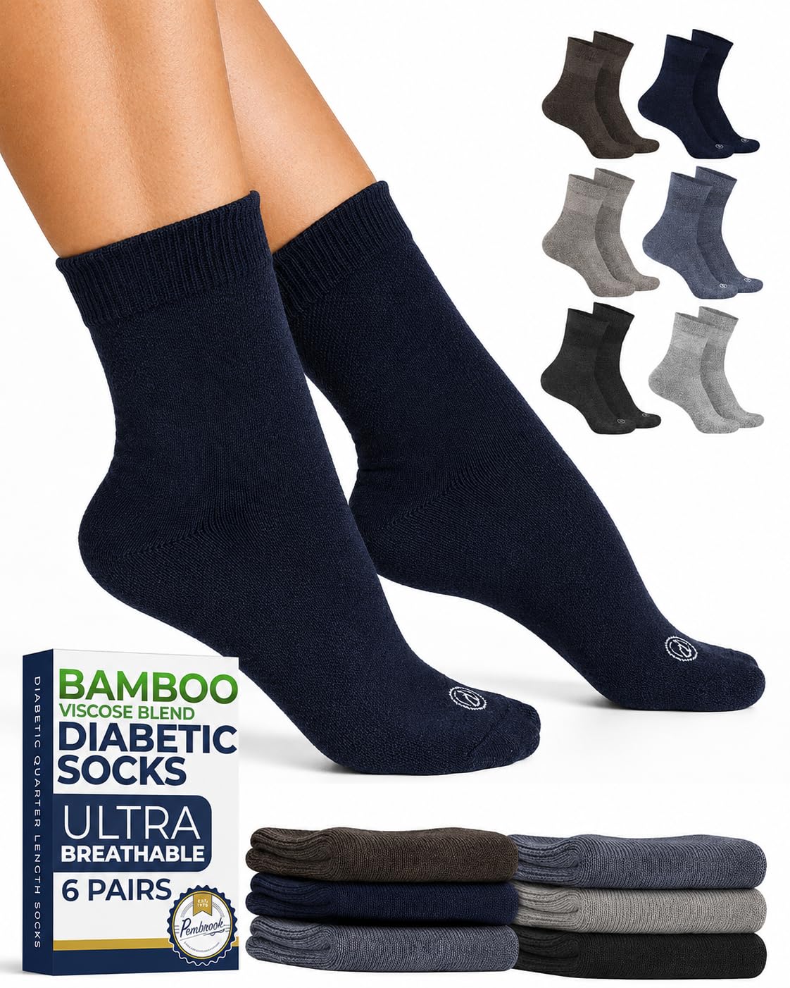 Pembrook® Bamboo Viscose Diabetic Socks for Women and Men - 6 Pairs