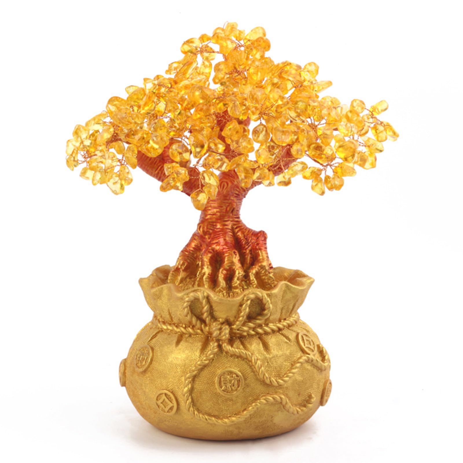 Hhhxkkuo Citrine Crystal Money Tree Golden Money Bag Bonsai Feng Shui Crystal Tree Wealth for Prosperity Lucky Gemstone Tree for Home & Office,13cm