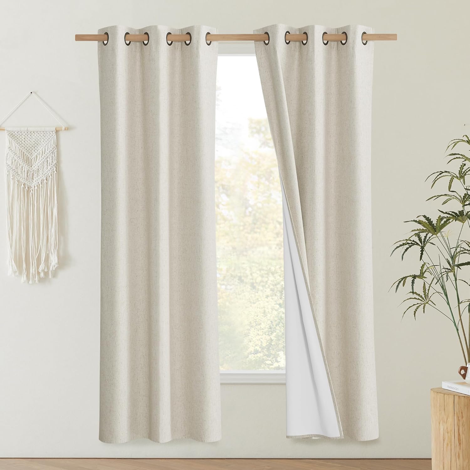 NICETOWN Natural Thick Linen Blend 100% Blackout Curtains 70 Long 2 Panels Set for Bedroom, 34 Wide, Rustic Grommet Thermal Insulated Flax Textured Full Blackout Window Draperies with White Liners