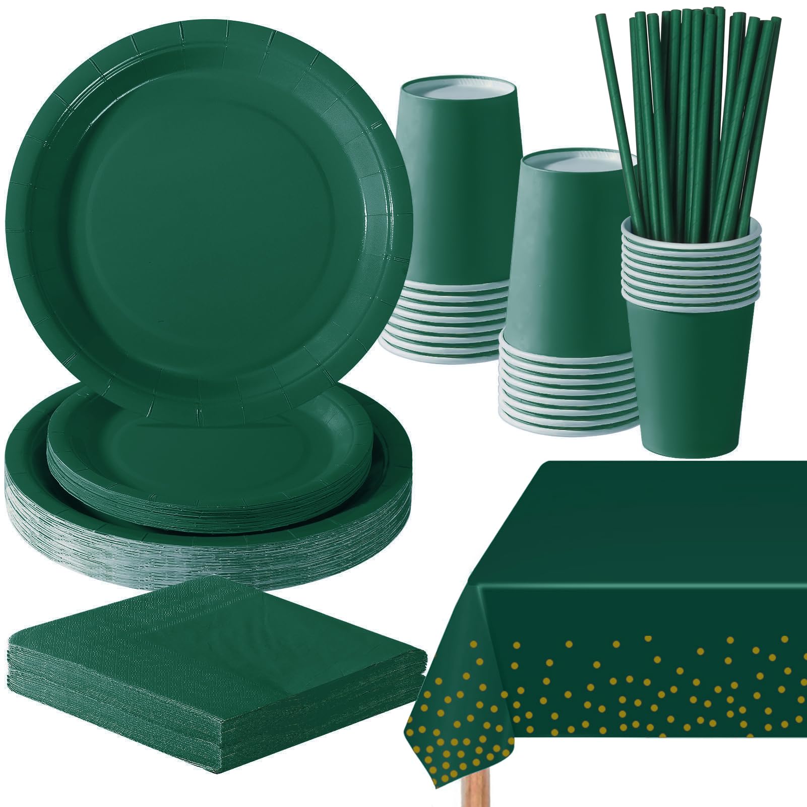 PYAILI 121 Pcs Dark Green Party Tableware Set, Paper Plates Cups Napkins Tablecloth, Dinnerware Set for Kids Adult Birthday,Wedding,Baby Shower Party Tableware