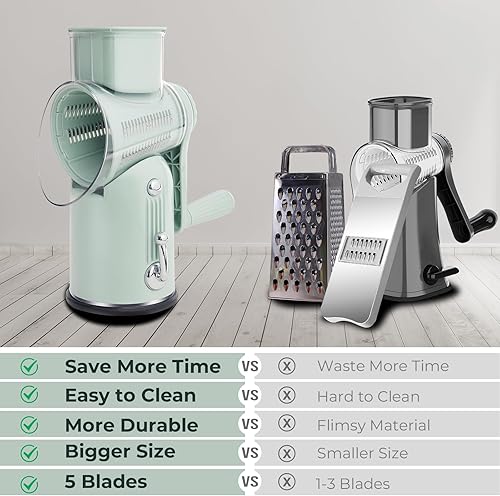 Miniatura 5 de Rallador de queso giratorio con manivela de mano con cuchillas intercambiables 5 en 1 y base de succión fuerte, trituradora de verduras, rebanadora