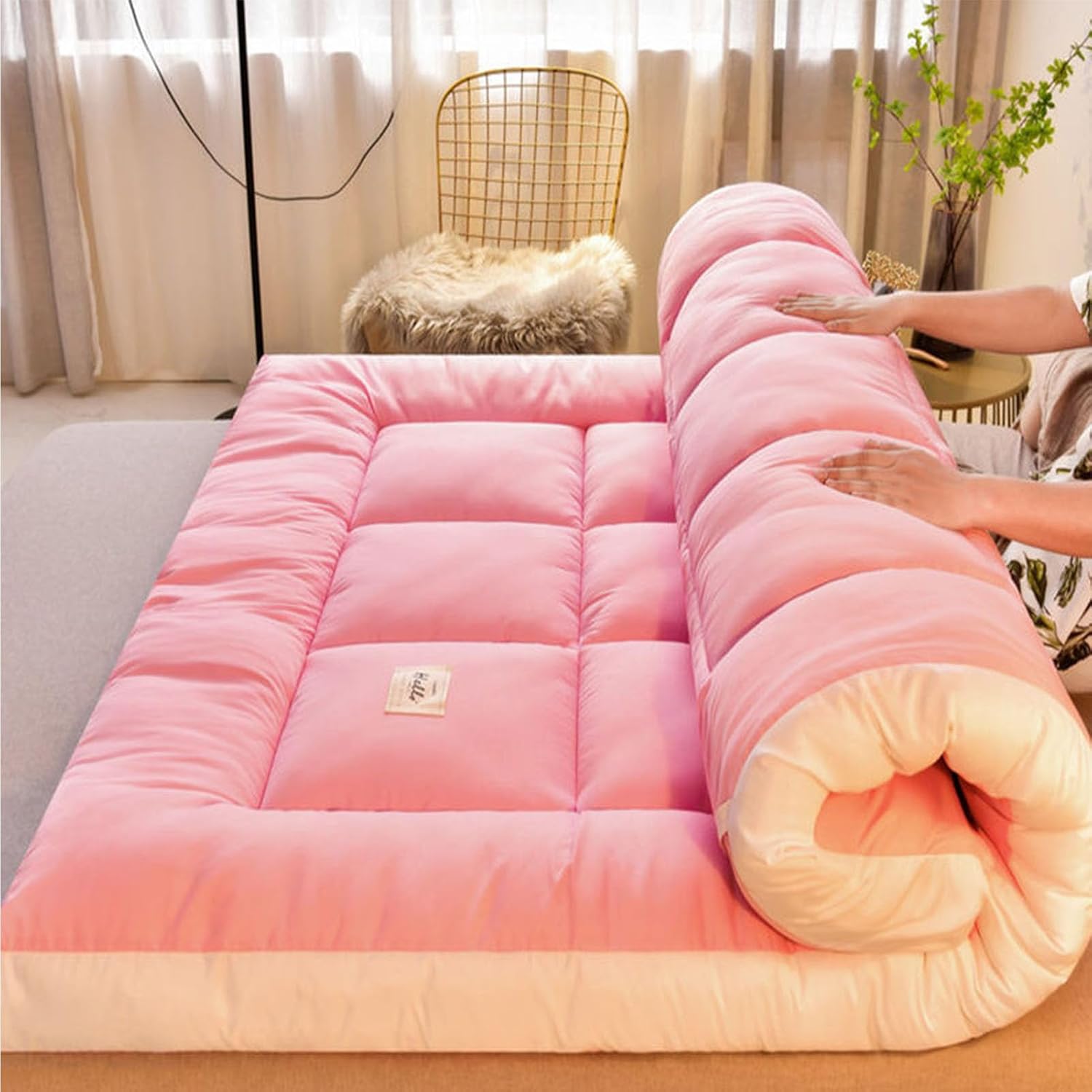 Mattress,Soft and Comfortable Futon Tatami Mattress Folding Japanese Style Bed Roll Floor Sofa Bed Apartment Mattress,Flesh,90x200cm