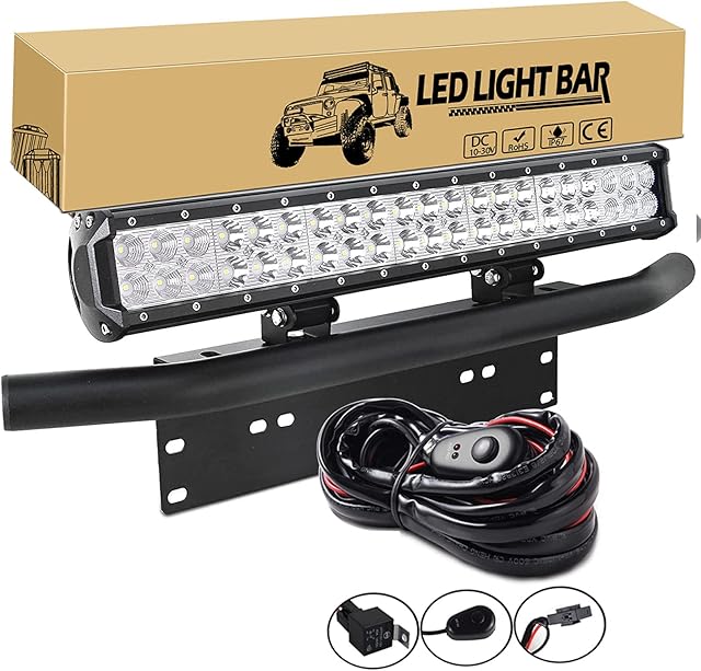 Willpower 126W 20 Inch Led Light Bar + 23 Inch License Plate Holder Universal Aluminum + Wiring Harness Kit Light Bar Mount Bull Bar Front Bumper Number Plate Frame for Off Road Led Work Light Bar