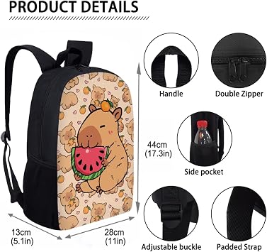 Cute Capybara Backpack and Lunch Box Sets for School Boys Girls Age 6-8 Animal Capybara Print Schoolbag with Pencil Pouch Water Bottle Holder for Little School Kids 4 Pcs Bookbag Sets