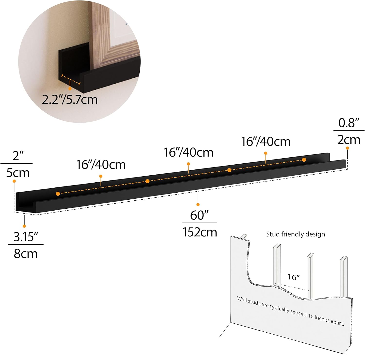 Wallniture Denver 60" Picture Ledge Shelf Set of 2 for Living Room Decor, Black Long Floating Shelves for Dining Room, Hallway, Bedroom Wall Decor