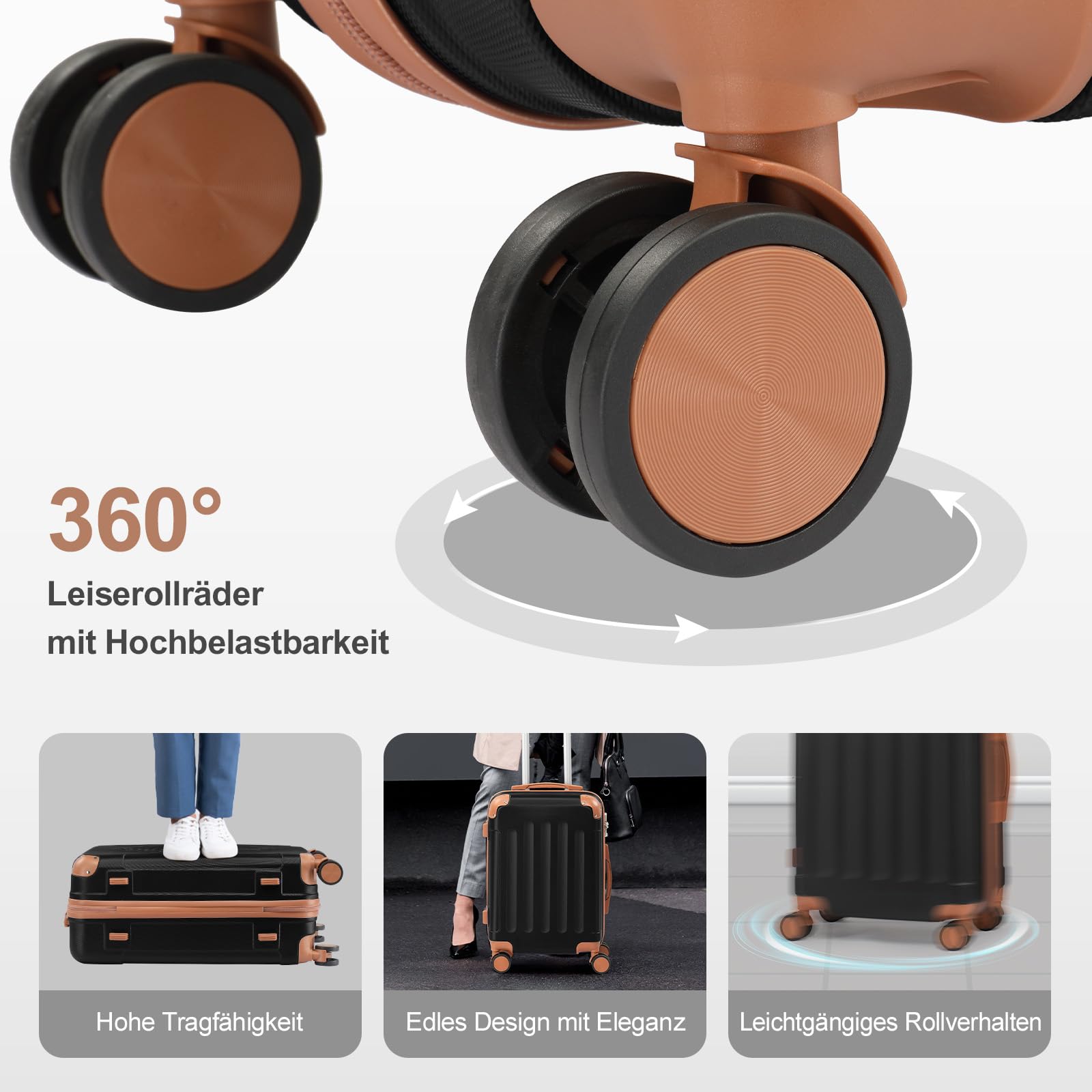 LEADZM Kofferset 4 teilig Hartschale mit Kosmetikkoffer (Schwarz-Braun) | Koffer Set aus ABS, Reisekoffer mit Rollen Groß, Hartschalenkoffer Set, Koffer & Trolleys