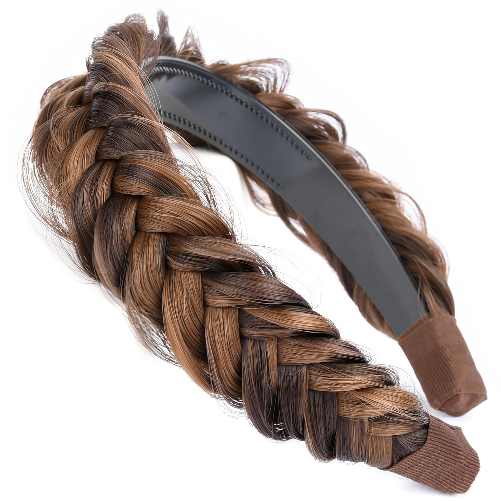 GLEDOLA Wide Messy Braided Headband with Teeth Synthetic Hair Plaited Headband High Elasticity Braids Chunky Fishtail Braided Hair Band Hairpiece for Girls Women (Chocolate Toast)