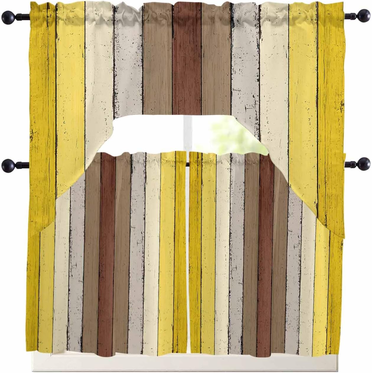 Yellow Brown Wooden Swag Kitchen Curtains Valance and Tier Set 24 Inch Length, Vintage Rustic Farmhouse Wood Plank Rod Pocket Swag Curtains for Living Room Bedroom Bathroom Window Drapes 3 Piece