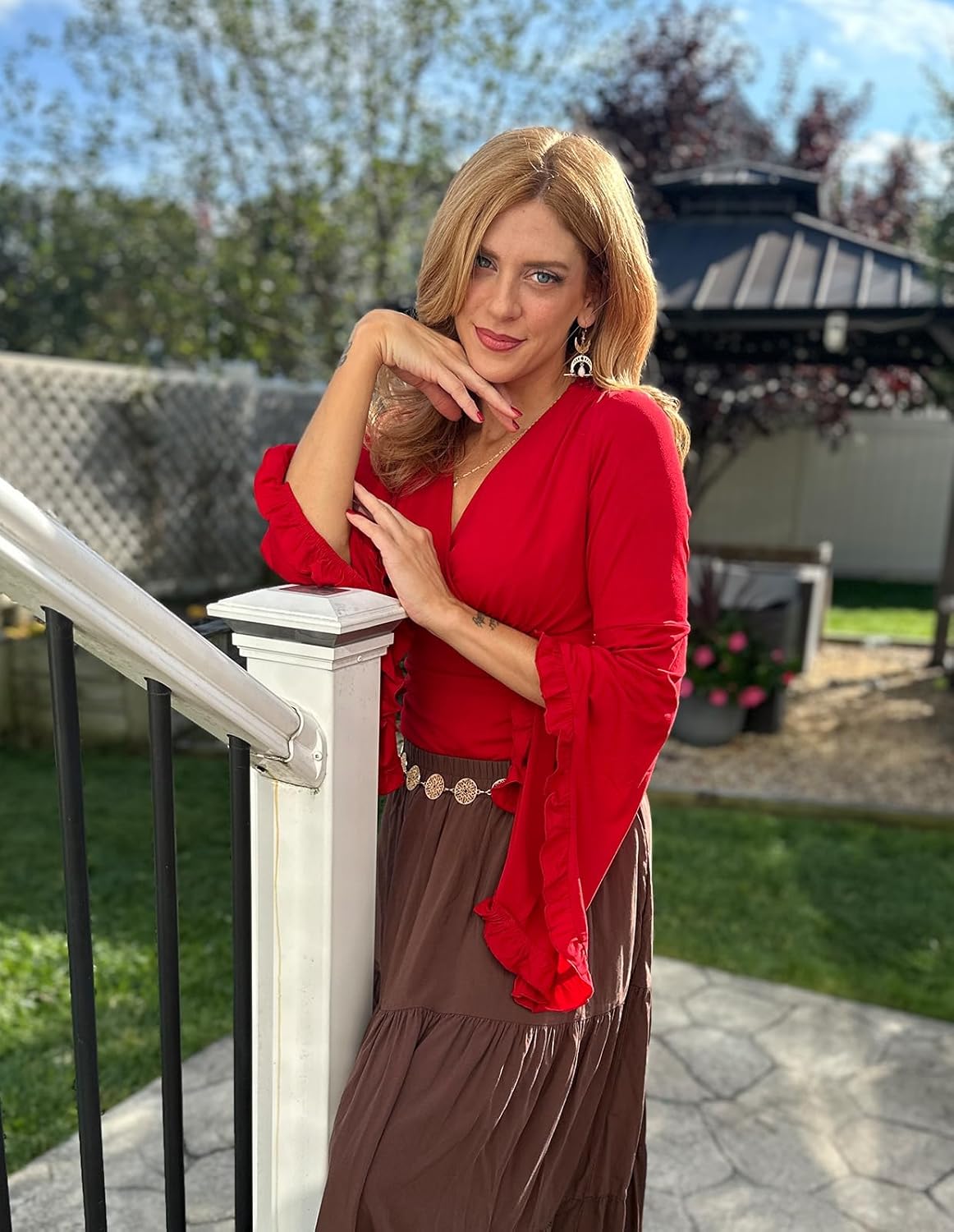 Scarlet Darkness Renaissance Shirt Women V Neck Long Bell Sleeve Wrap Casual Ruched Top - Image 4