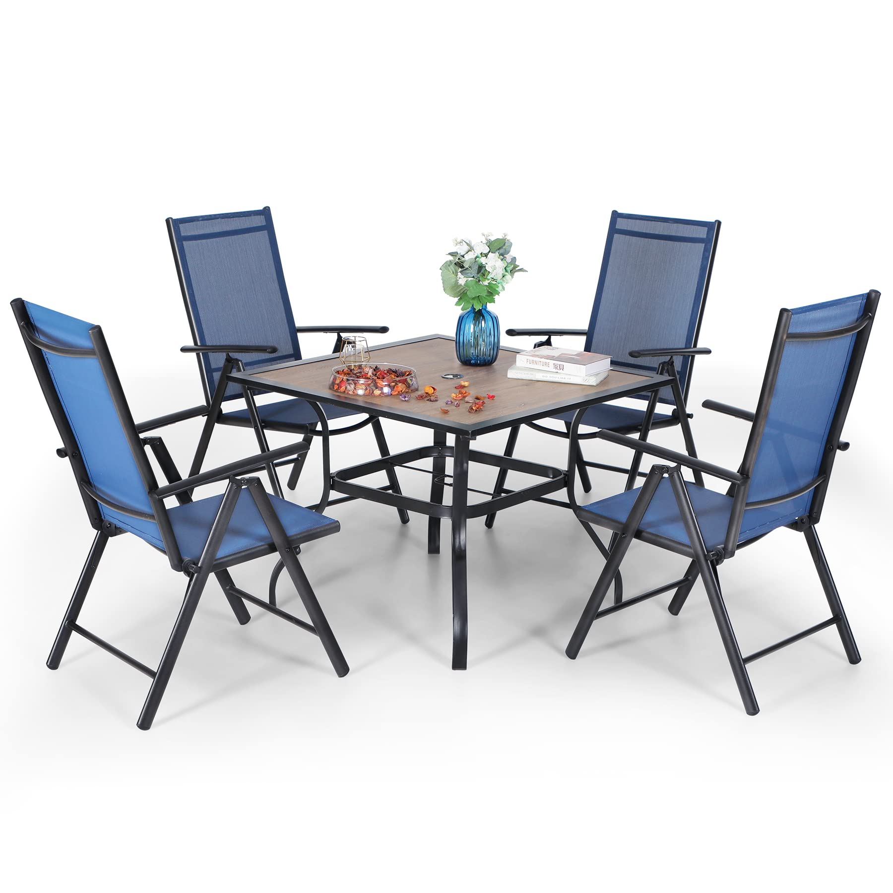 PHIVILLA Garden Table and Chairs - Outdoor Patio Furniture Set with Foldable Garden Chairs & Wood-Like Table for Yard and Deck, Blue
