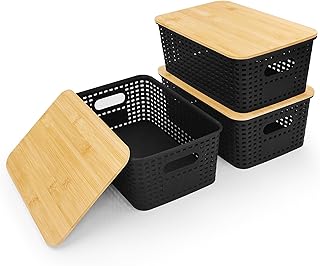 LYLIDIA Caja de almacenamiento con tapa de bambú pequeña, 3 unidades, 5 L, caja de almacenamiento con tapa, color negro, organizador de baño, 25 x 18 x 10 cm, caja de plástico, para cocina, cajas