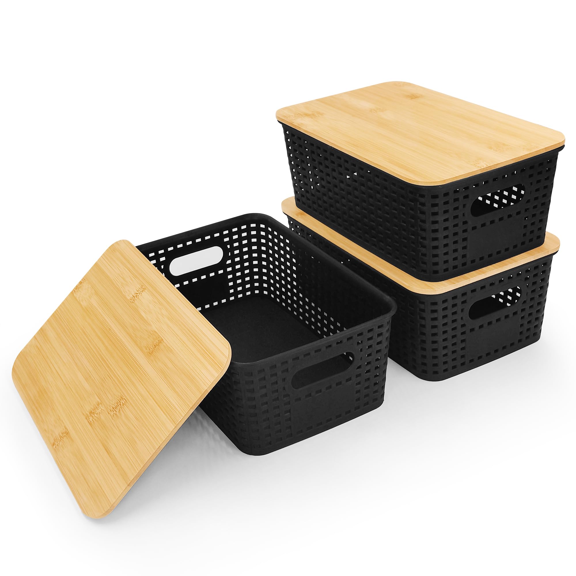 LYLIDIA Small Bamboo Storage Box with Lid 3 Pack 5L Storage Box with Lid Black Bathroom Organizer 25 x 18 x 10 cm Plastic Box Kitchen Boxes