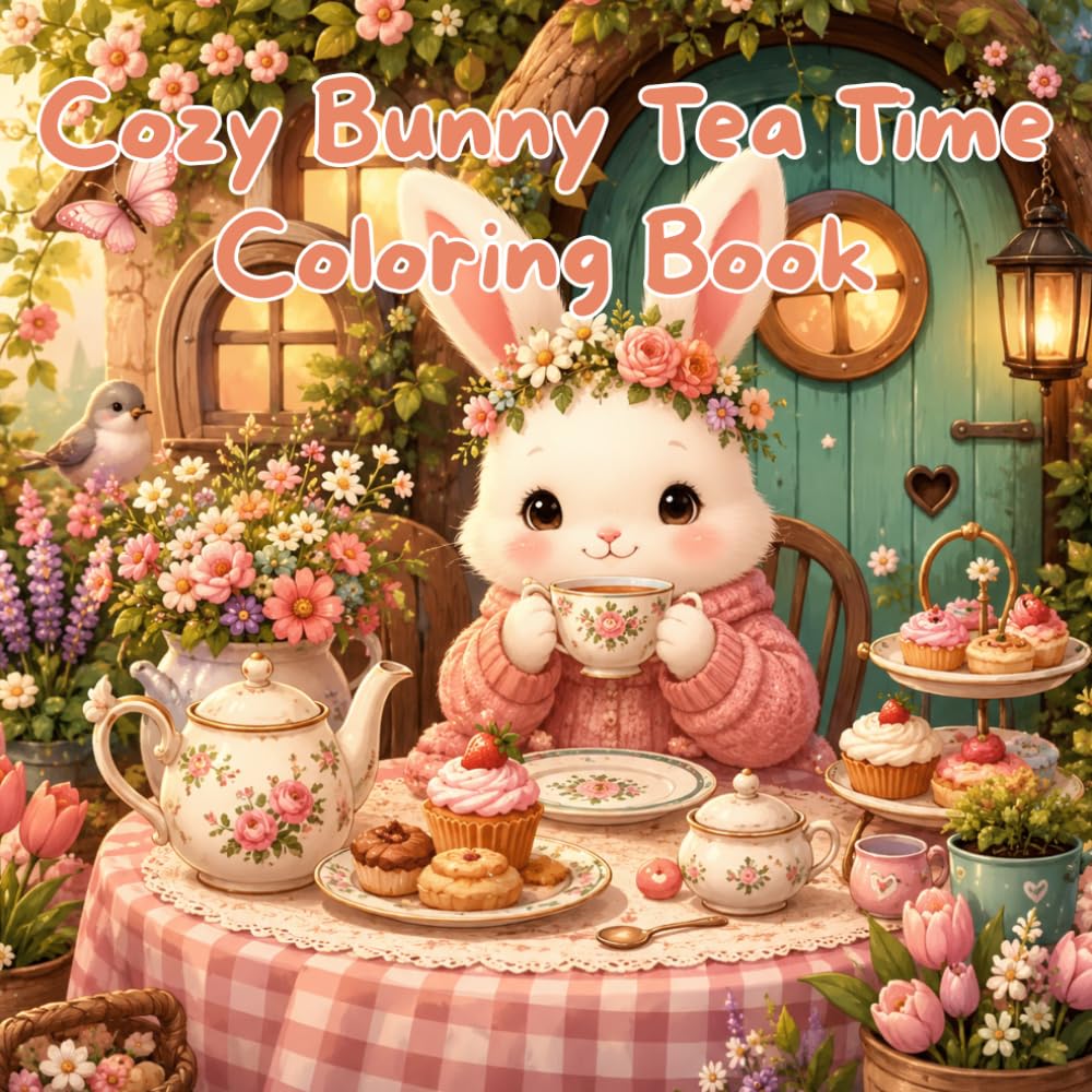 Cozy Bunny Tea Time Coloring Book: Bold & Easy Cottagecore Bunny Scenes for Relaxation and Stress Relief