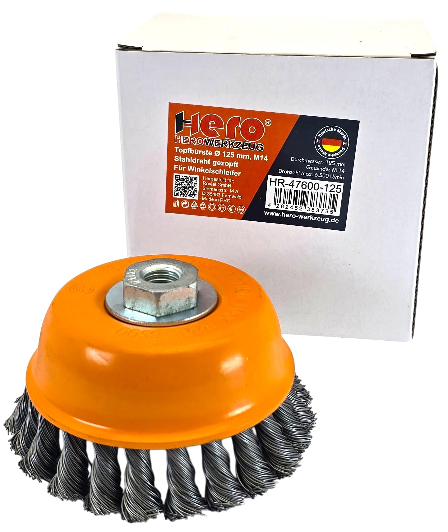 HERO PROFESSIONAL Topfbürste 125 mm 2er Set – Drahtbürste gezopft M14 für Winkelschleifer I Rundbürste zum Entrosten/Entlacken/Entgraten I Premium-Line