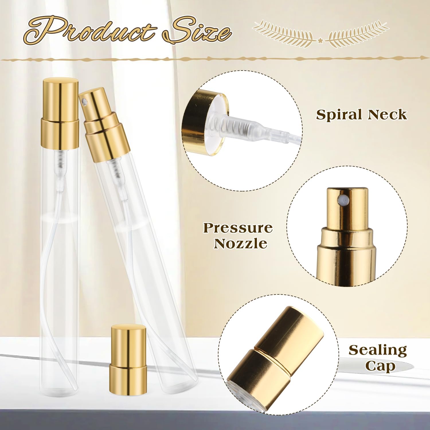 30 Pcs 10ml/0.34oz Mini Spray Bottle Glass Fine Mist Perfume Atomizer Empty Sample Containers with Golden Lids for Travel Cleaning Essential Oils (Pack of 2)