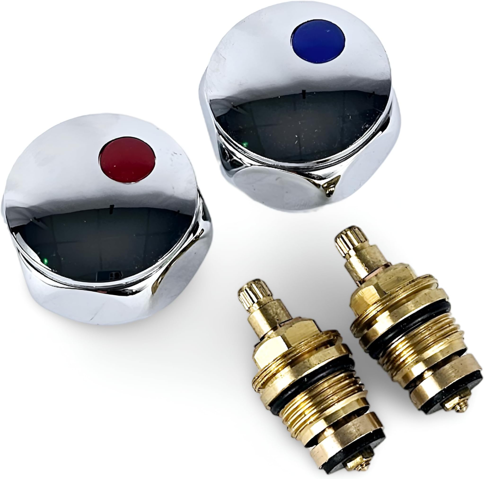 Replacement Standard Hot & Cold Tap 1/2 Head Covers - Metal Chrome Plated with Red and Blue Tops (Pair)