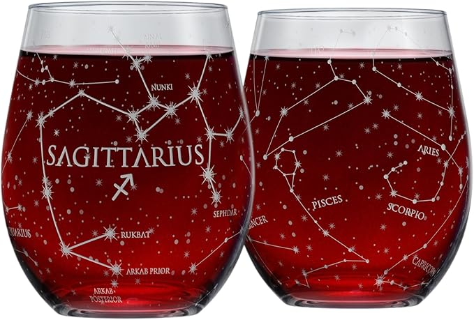 Greenline Goods Sagittarius Stemless Wine Glasses Zodiac Sagittarius Set Hand Etched 15 oz (Set of 2) - Astrology Sign Glassware