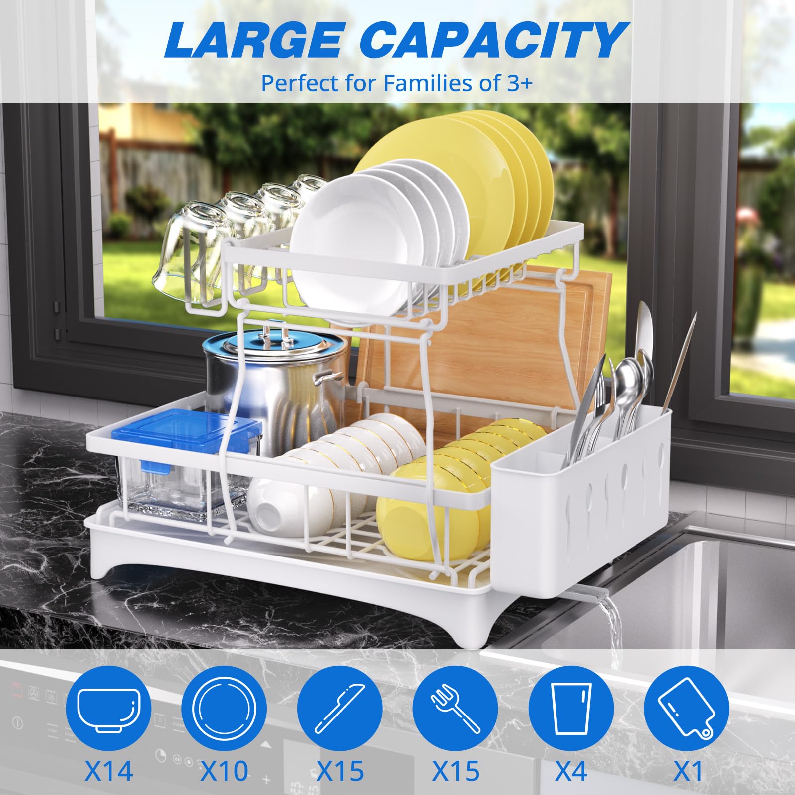 Godboat Égouttoir à vaisselle à 2 niveaux avec drainage automatique et tapis, égouttoir à vaisselle pour comptoir de cuisine, égouttoir à vaisselle avec couteau, fourchette et porte-gobelets, cadeaux