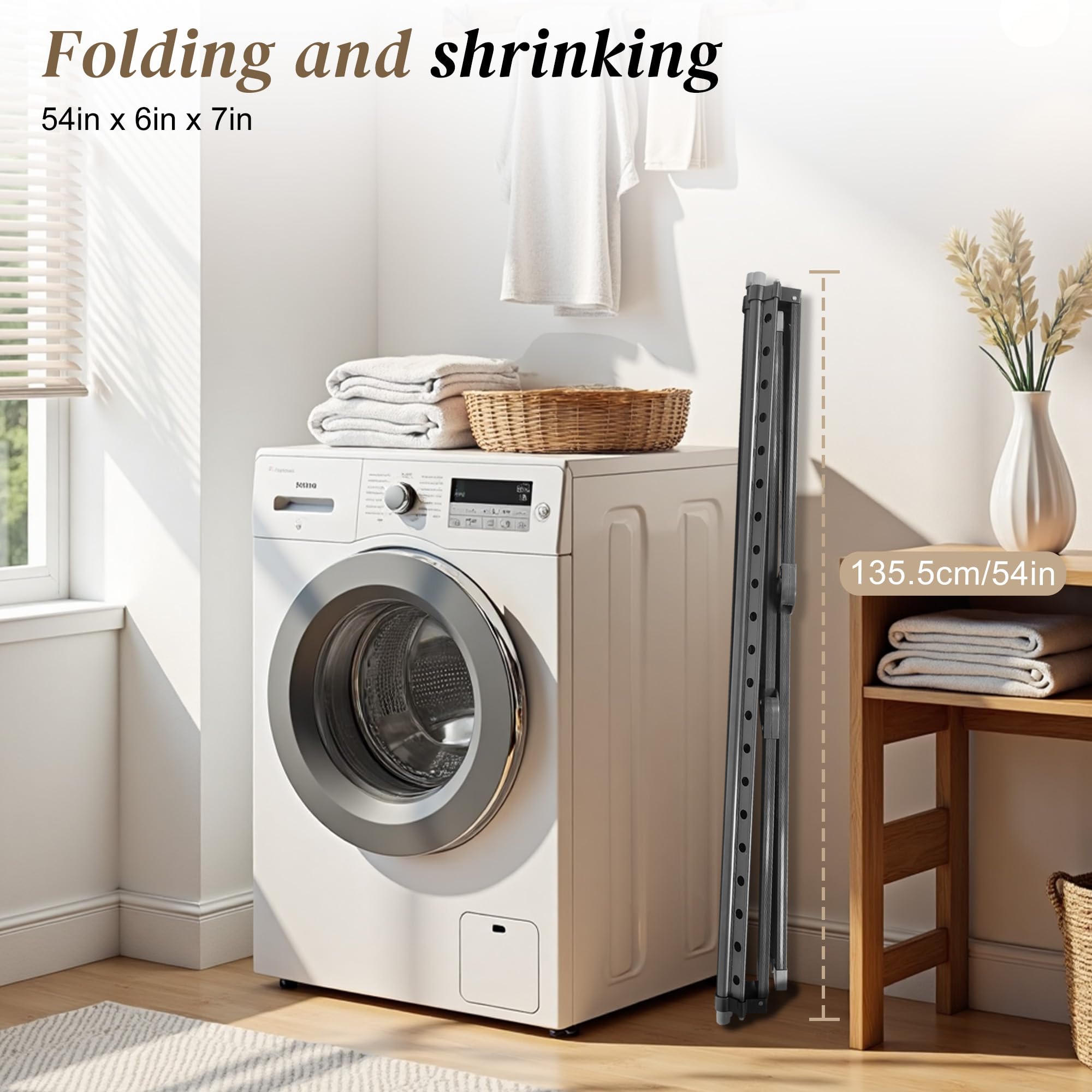 135-230 cm Wäscheständer, Wäscheständer Ausziehbar, einstellbar Länge, Faltbarer Kleiderständer, Indoor Outdoor, Schuhe und Kleidung, Heavy Duty Kleiderständer, mit winddichtem Haken