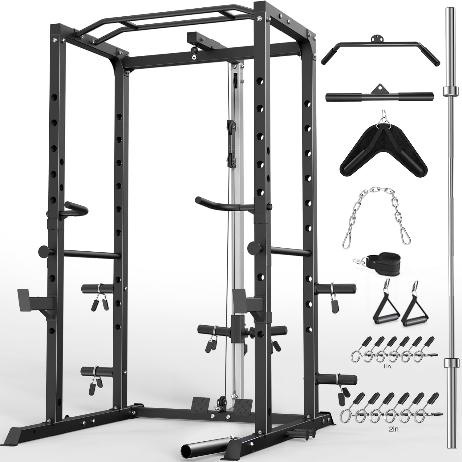 ULTRA FUEGO Power Cage, Multi-Functional Power Rack with J-Hooks, Dip Handles, Landmine Attachment and Optional Cable Pulley System for Home Gym (Power Cage Black with Pulley System and Olympic Bar)