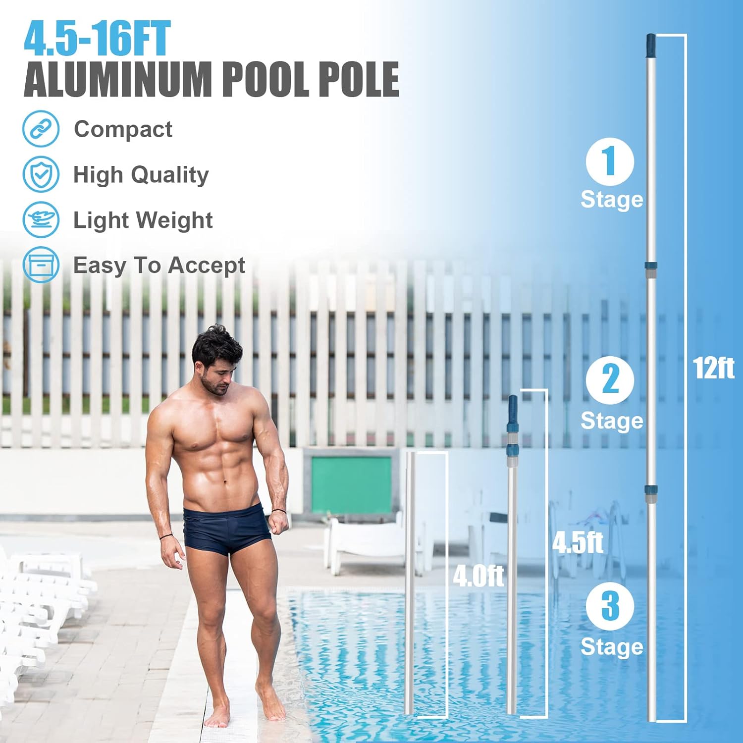 Professional 16 Foot Telescopic Aluminum Swimming Pool Pole - Attach Connect Skimmer Nets, Rakes, Brushes, Vacuum Heads Cleaning - Image 2