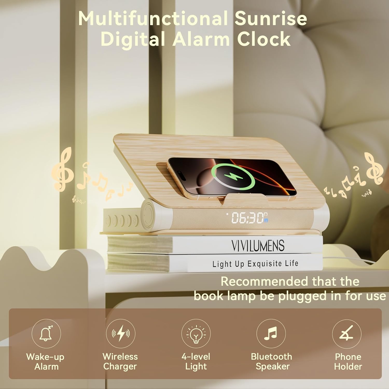 Vivilumens Alarm Clocks Wireless Charger Bluetooth Speaker Loud Sunrise Bedside Lamp for Heavy Sleepers Adults with Book Shape Wake Up Light for Bedroom Home Decor （Wooden Grain）