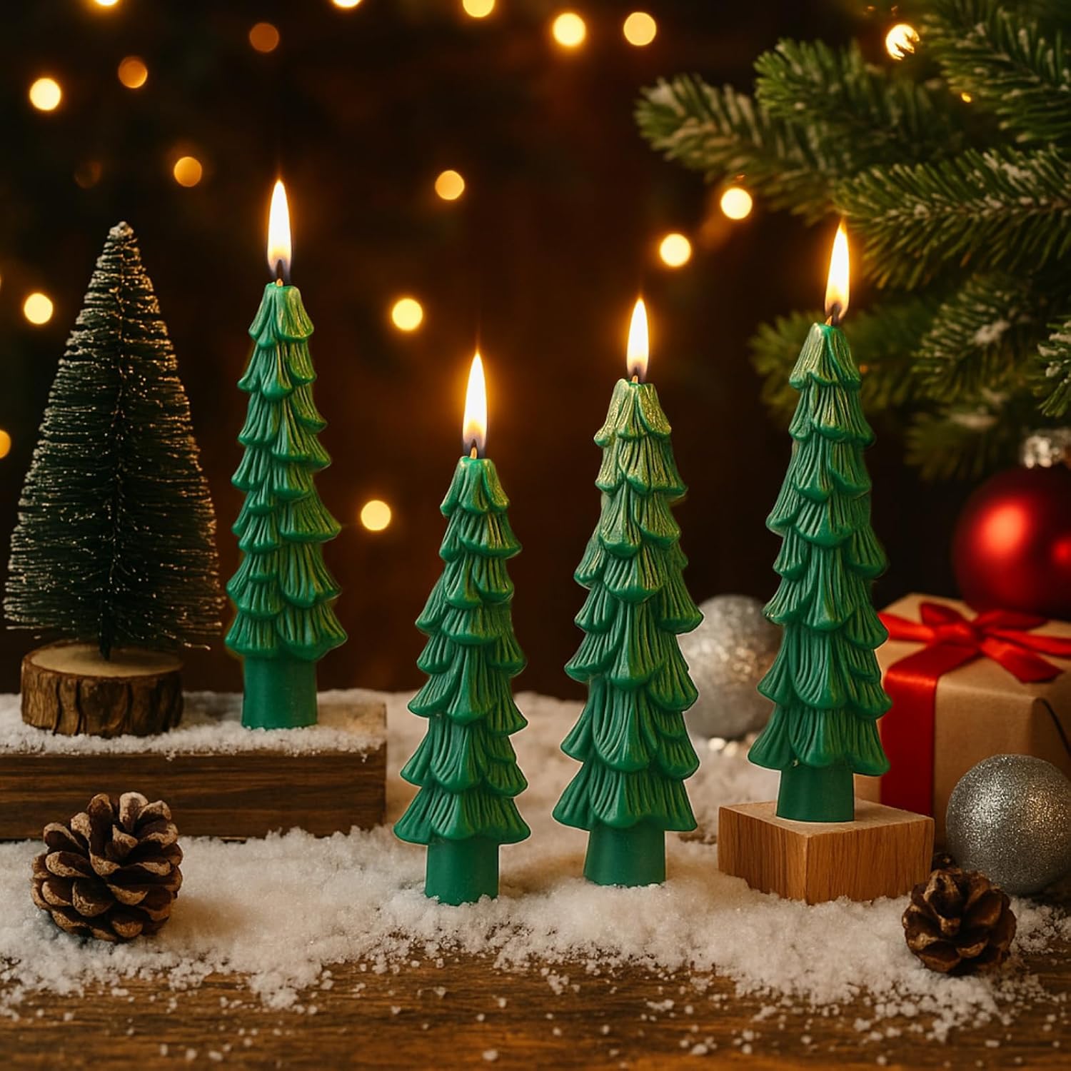 Lounsweer 12 Pcs 5 Inch&5.7 Inch Christmas Tree Shaped Taper Candles Unscented Green Short Candles Xmas Eve Holiday Candlestick for Party Home House Kitchen Banquet Centerpiece Mantel Decor Gift