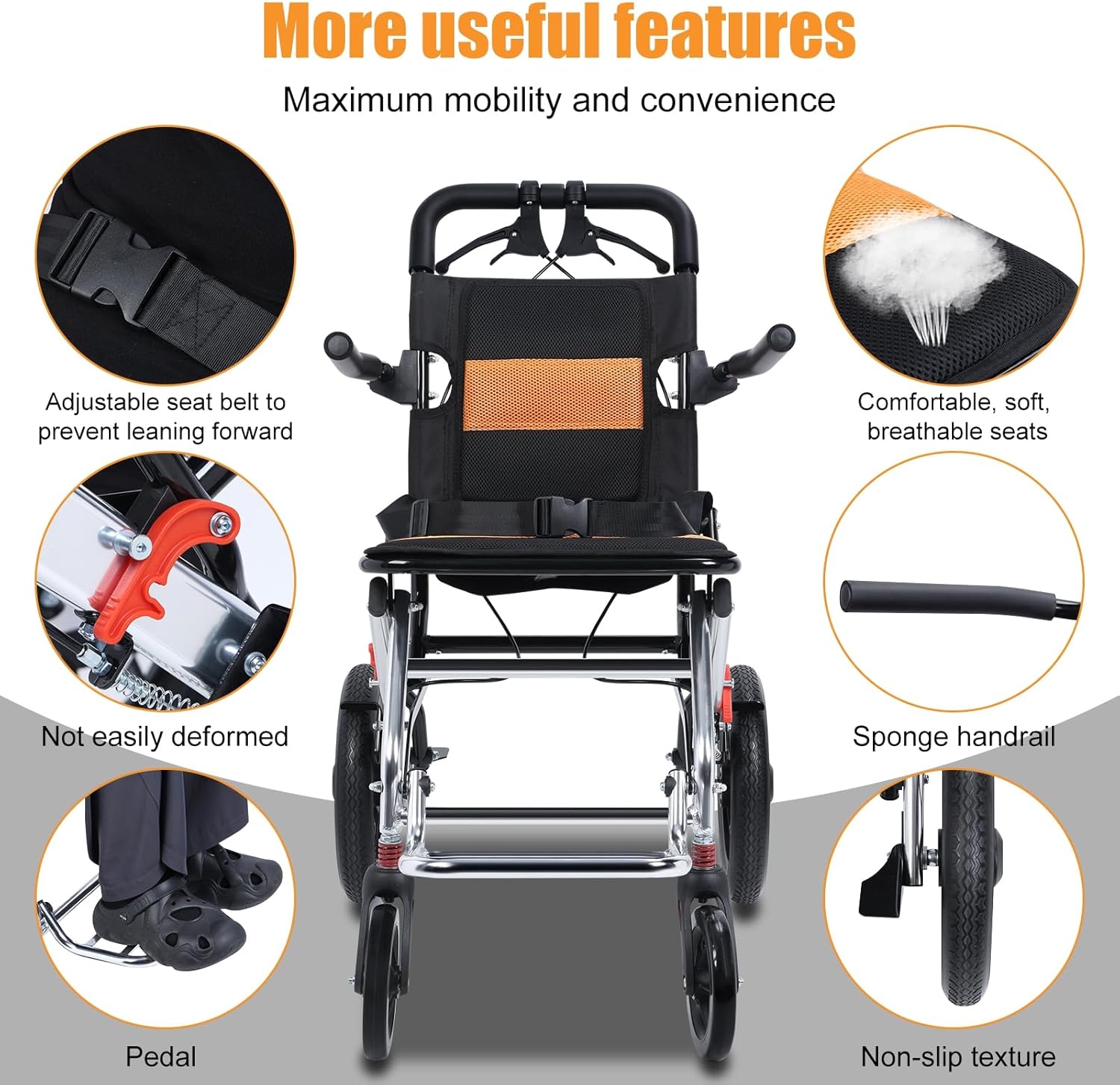 Folding Transport Wheelchair, Adult Wheelchair, Narrow Doorways Wheel Chair, 15.75-inch Wide Seat Portable Transport Chair, Travel Wheel Chair with Handbrake,Load Capacity 80KG A