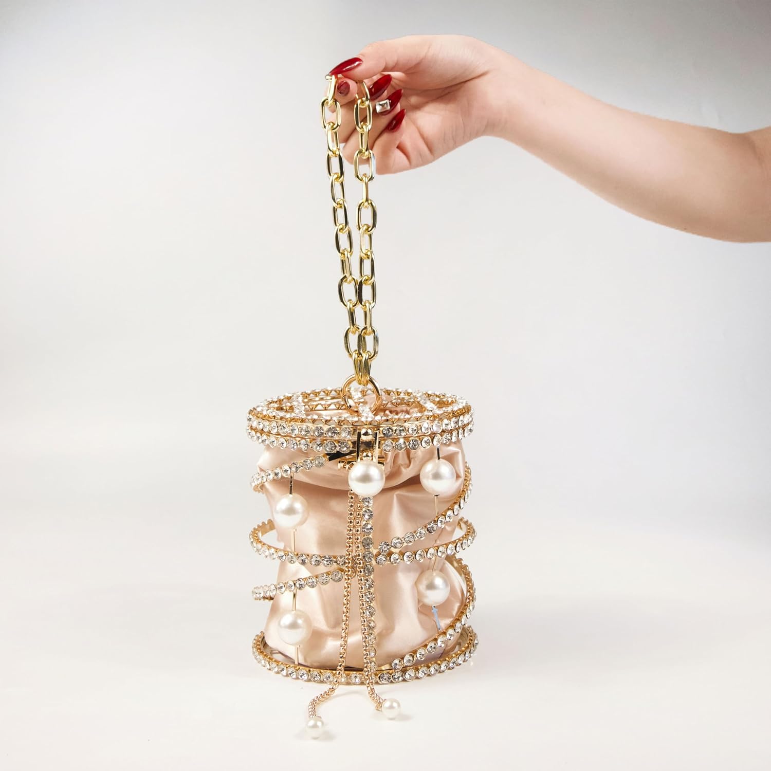 Luxury Women's Party Rhinestone Gold Evening Metallic Bucket Bags Crossbody Bag,Designer Handbags 2025 Pearl Chain Shaped Purse, Dinner Bag Formal, Perfect For Vacation, Party, Wedding, Banquet - Image 7