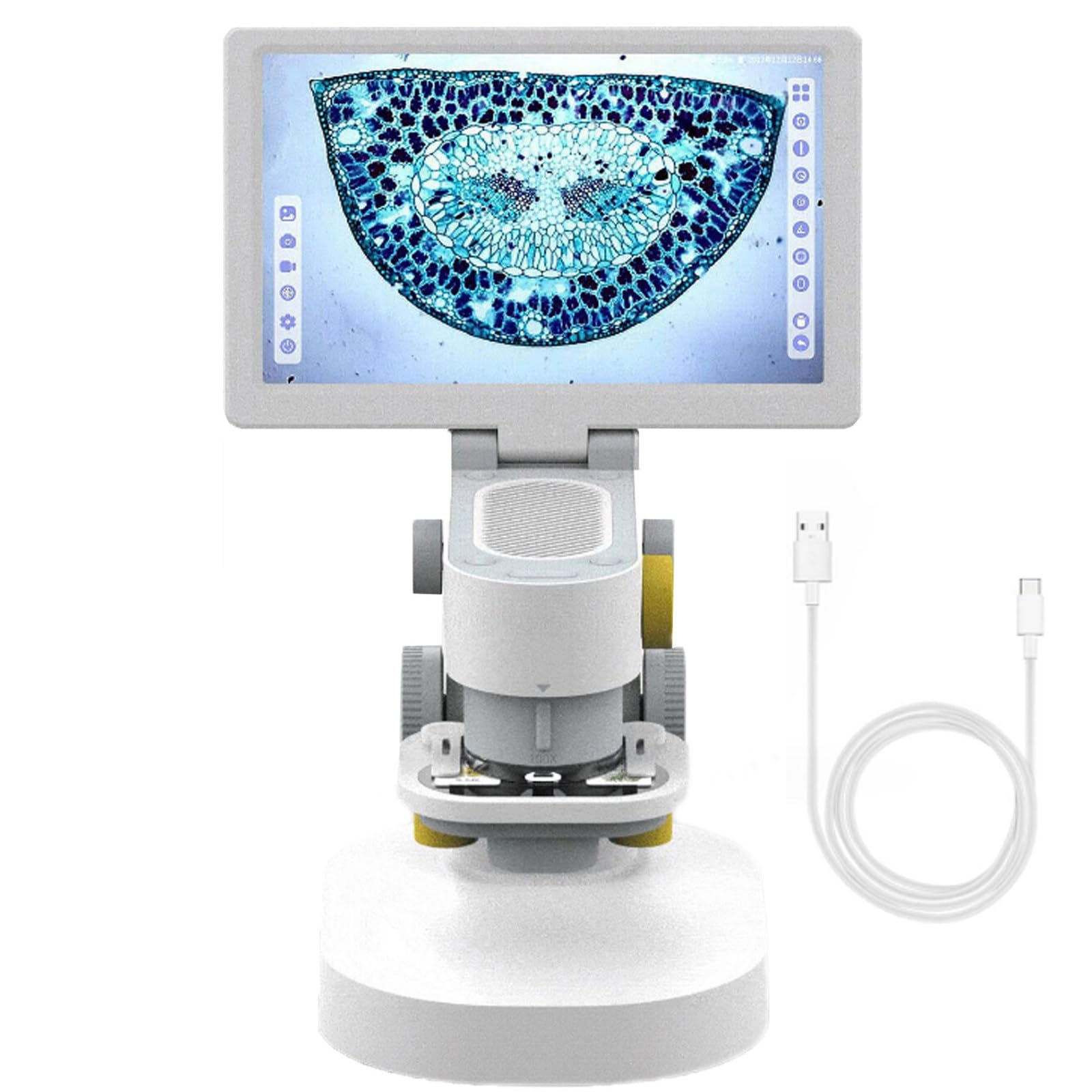 Microscopio Biologico Digitale 1200x, Microscopio da Laboratorio Ricaricabile A 3 Lenti, Touch Screen da 9" 1080p, Editor di Rilevamento E Mappatura/Registrazione Video di Foto,White