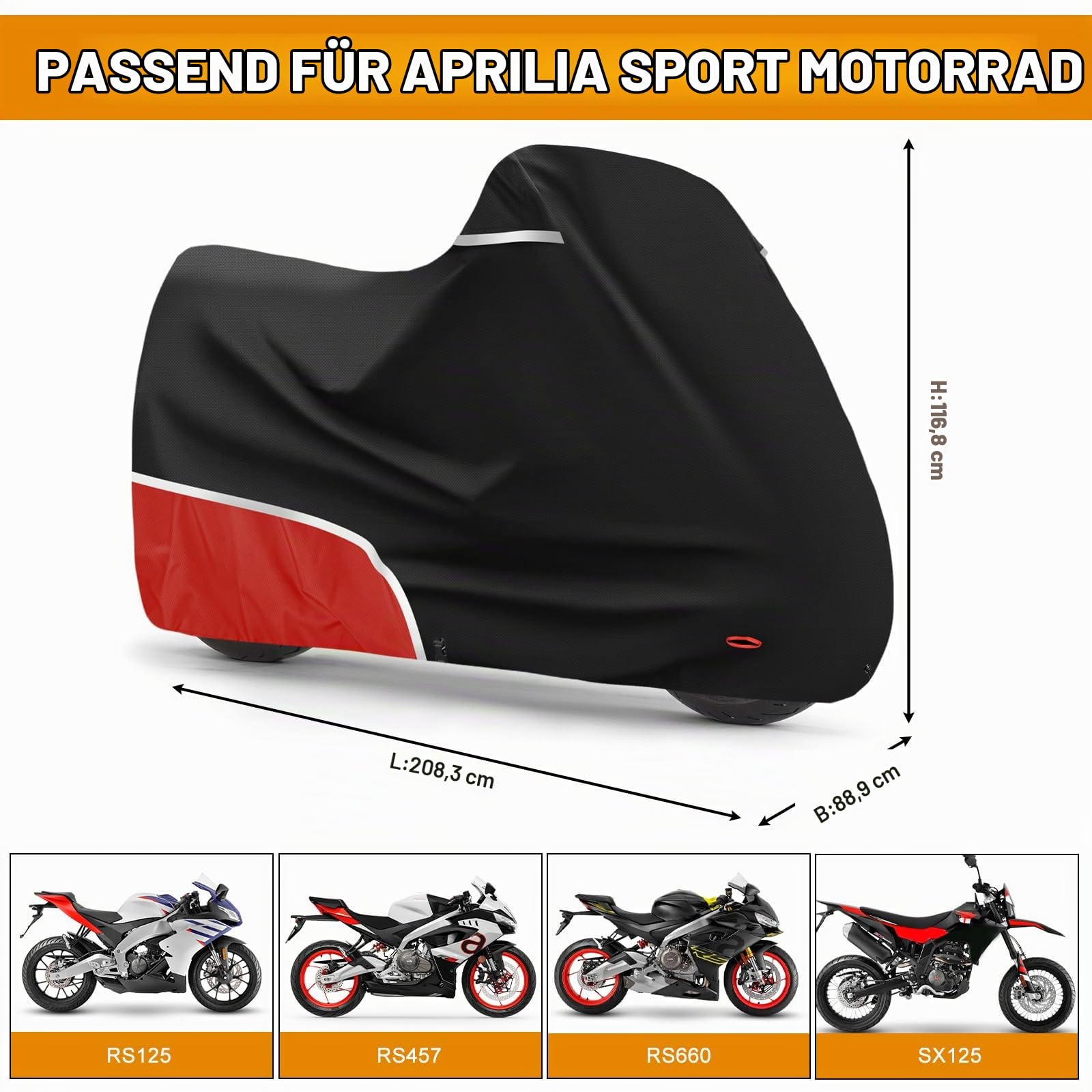 Motorradabdeckung Outdoor passend für Aprilia RS660 RS125 RS457 SX 125 | 420D Oxford-Stoff Wasserdicht Motorrad Abdeckung Abdeckplane Wetterfest Motorrad Abdeckung Plane